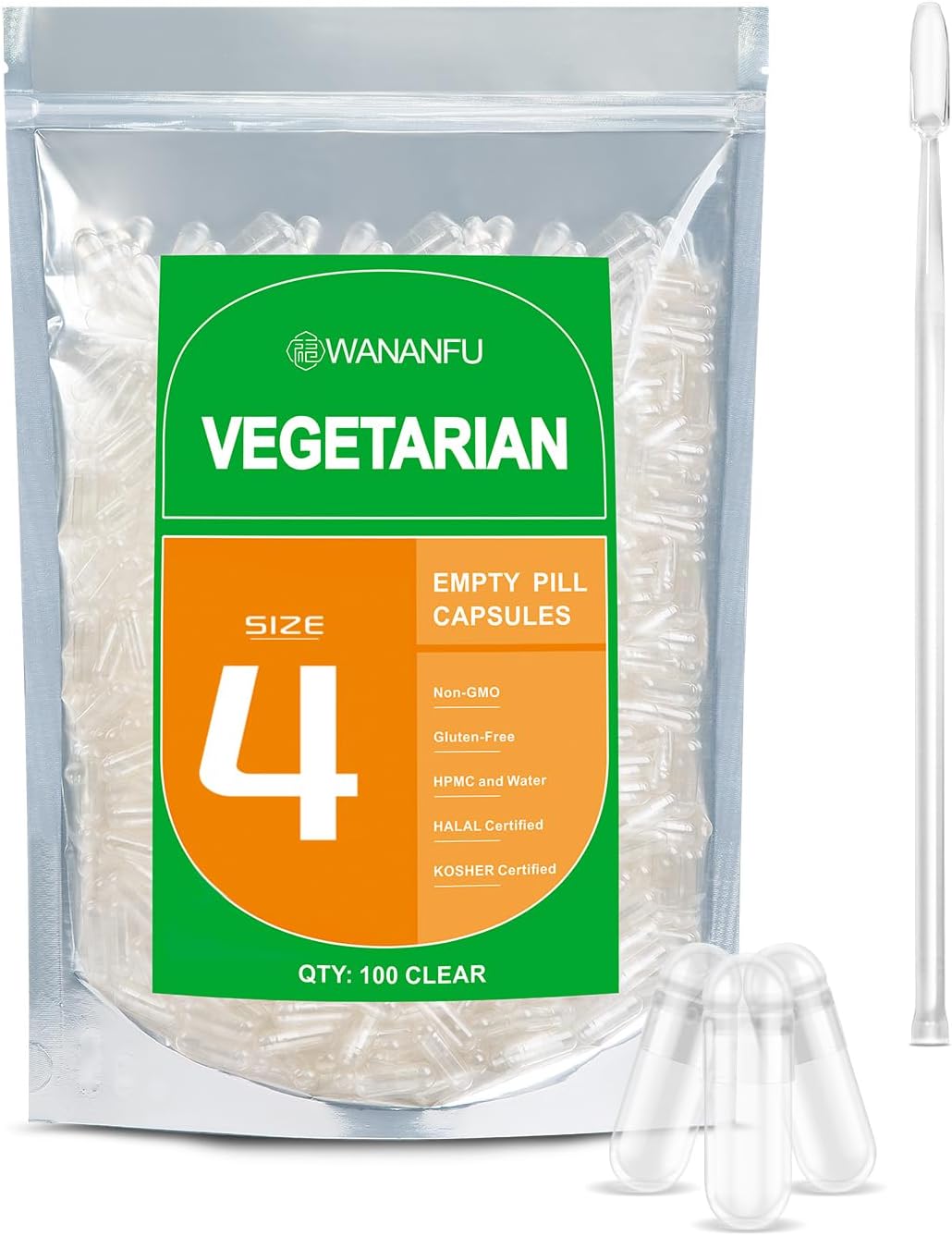 WANANFU Size 4 Empty Capsules Vegetarian (100 Count) Bundle with 2 Micro Lab Spoons, Compatible with Capsule Filling Machine Size 4