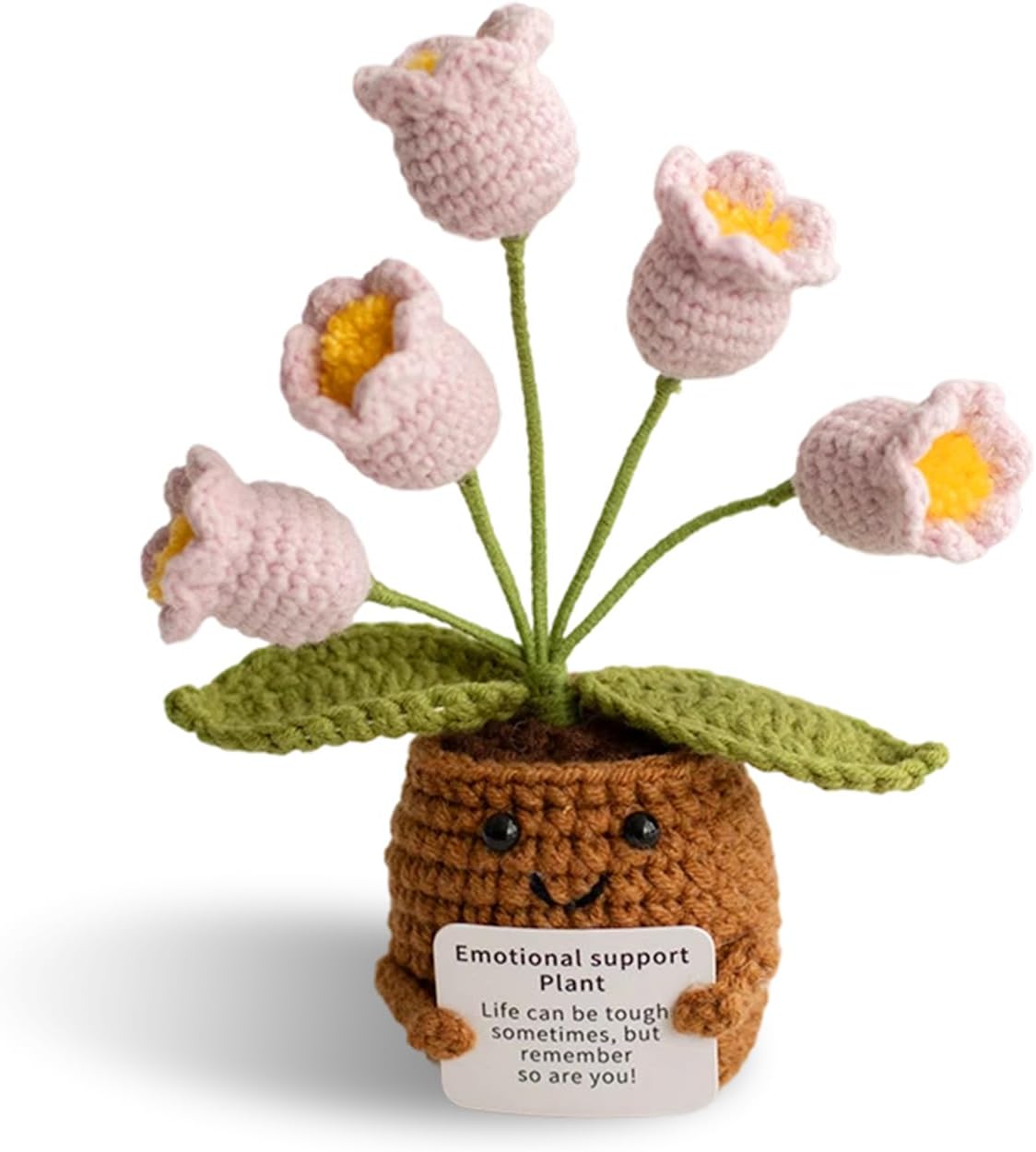 Huipalon Positive Crochet Flowers Handmade Pink Artificial Flowers 5 Buds Lily of the Valley Knitted Flower Crochet Flower Basket for Home Office Table Decor Desktop Ornament Gift for Woemn Men