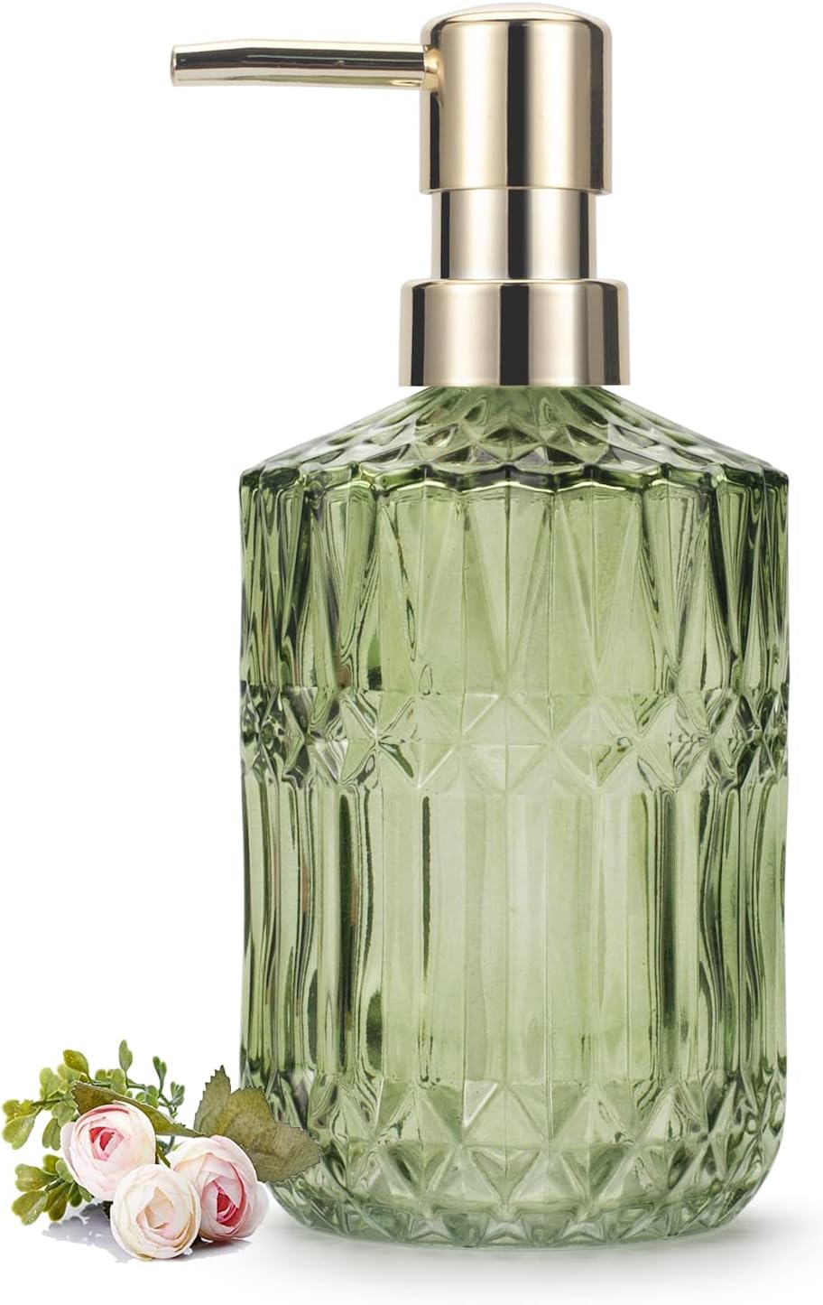 Glass Soap Dispenser 12oz/390ml for Bathroom Kitchen - Hand Soap/Lotion Dispenser with ABS Plastic Pump (Green)