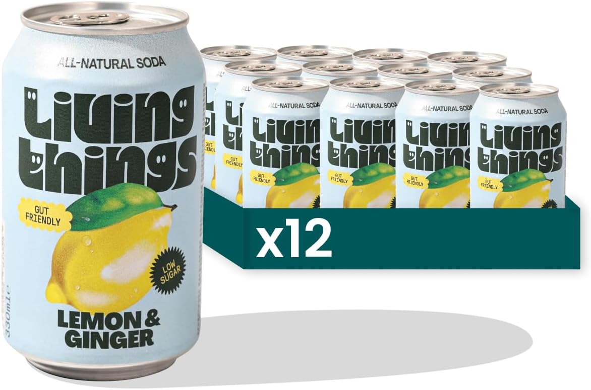 12 x 330ml Living Things Prebiotic Soda Cans | Gut Health Friendly & Low Calorie Drink | High in Fibre | (12 Pack, Lemon & Ginger)