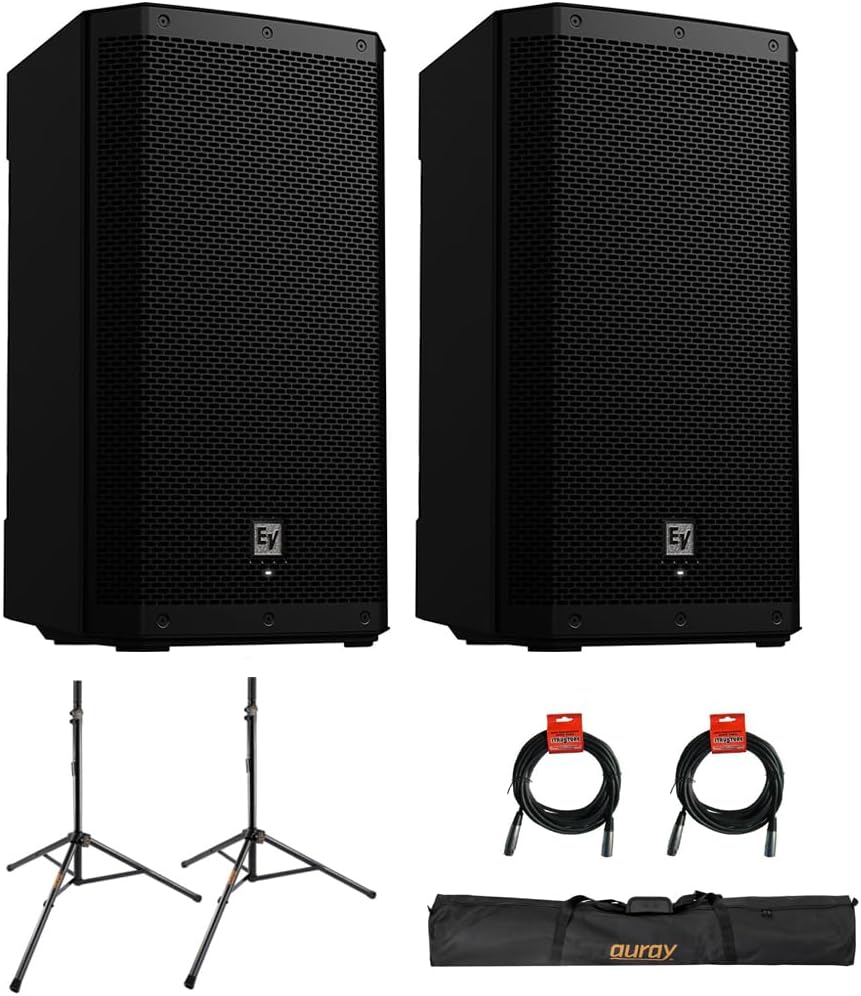 Electro-Voice ZLX-15P-G2 15" 2-Way 1000W Bluetooth-Enabled Powered Loudspeaker (Pair) Bundle with Auray SS-47S-PB Steel Speaker Stands with Carrying Case and 2X XLR Cable