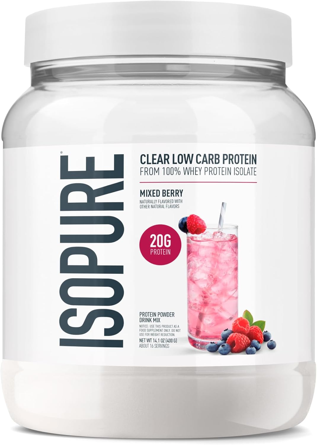 Isopure Clear Whey Isolate Protein Powder, Lactose Free, Gluten Free, Naturally Flavored, Mixed Berry, 20g Protein Per Serving, 14.1 Oz, 16 Servings (Packaging May Vary)
