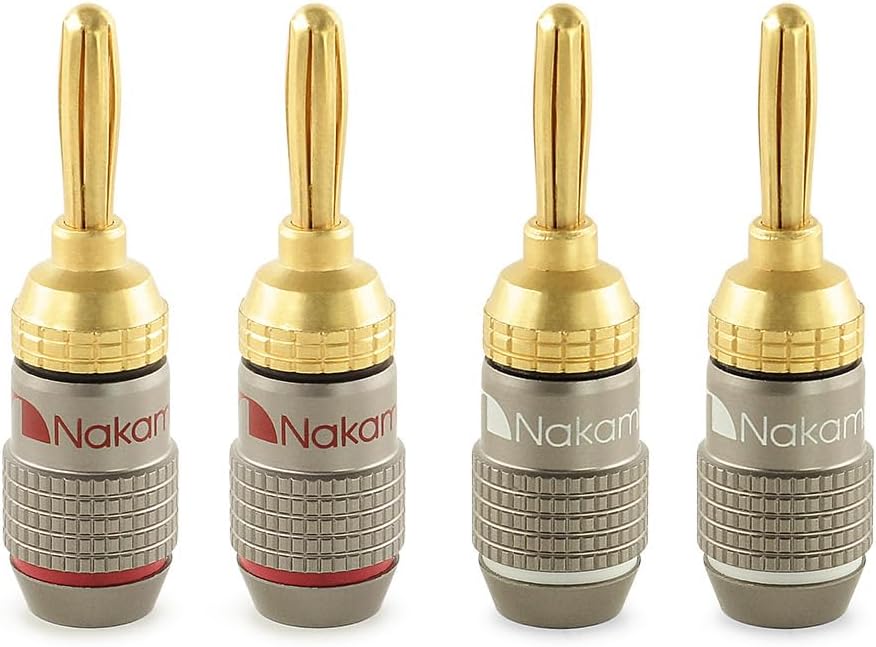 Nakamichi FanLock Excel Series 24k Gold Plated Banana Plug 10 AWG - 18 AWG Gauge Size 4mm for Speakers Amplifier Hi-Fi Stereo Home Theatre Radio Audio Wire Cable Quick Connector 4 Pcs (2-Pairs)