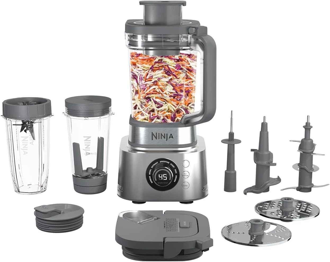 Ninja Blender & Food Processor Combo, Foodi Power Blender System for Smoothies, Bowls, Spreads & Shakes, 6 Functions, 72-oz Glass Pitcher, To-Go Cups, Silver, SS401