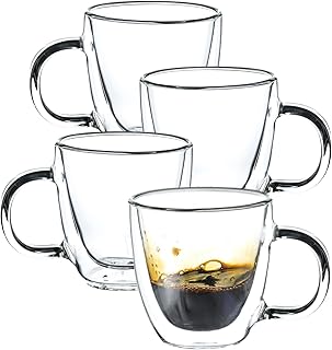 Espresso Cups Set of 4, 6oz /170ml Double Walled Glass Coffee Mugs, Clear Hand Blown Insulated Espresso Shot Glass Cups with Handle, Suit for Espresso Machine