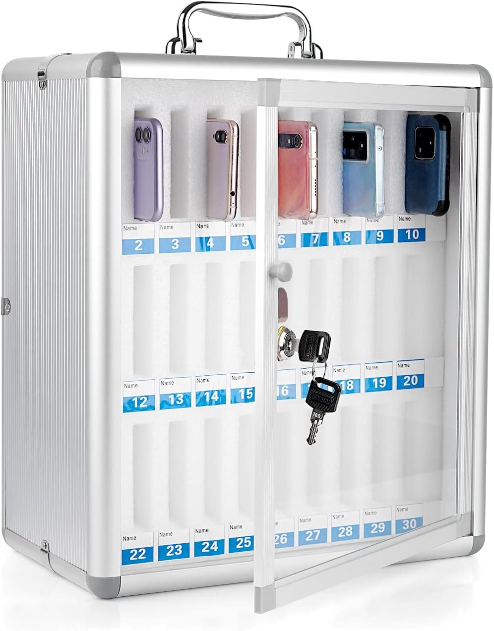 30 Slots Aluminum Alloy Pocket Chart Storage Cabinet for Cell Phones,Wall-Mounted with a Locked,Can be Carried by Hand (30 Slots Cabinet)