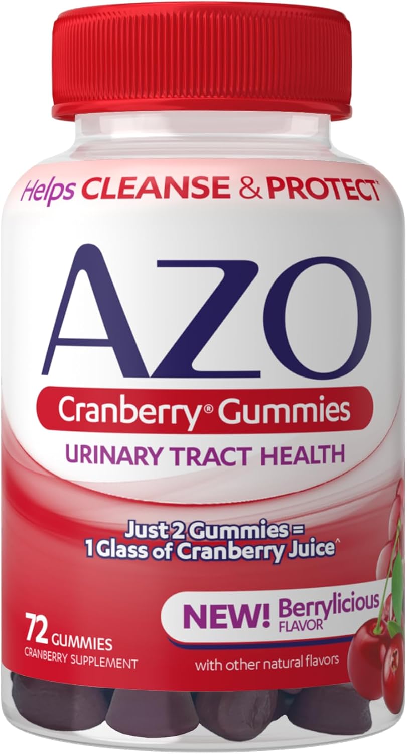 AZO Cranberry Urinary Tract Health Gummies Dietary Supplement, 2 Gummies = 1 Glass of Cranberry Juice, Helps Cleanse & Protect, Natural Berrylicious Flavor, Non-GMO, 72 Gummies