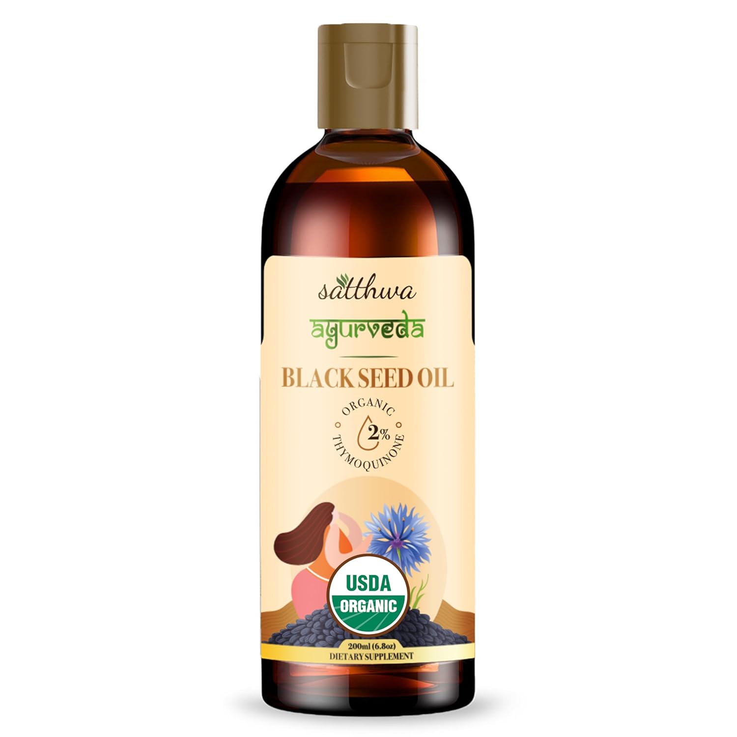 Satthwa Organic Black Seed Oil – Cold-Pressed, 100% Pure Nigella Sativa (Black Cumin) Oil, High TQ, Non-GMO – Nutrient-Rich for Immune, Hair & Skin Support - 200ml - 6.8oz