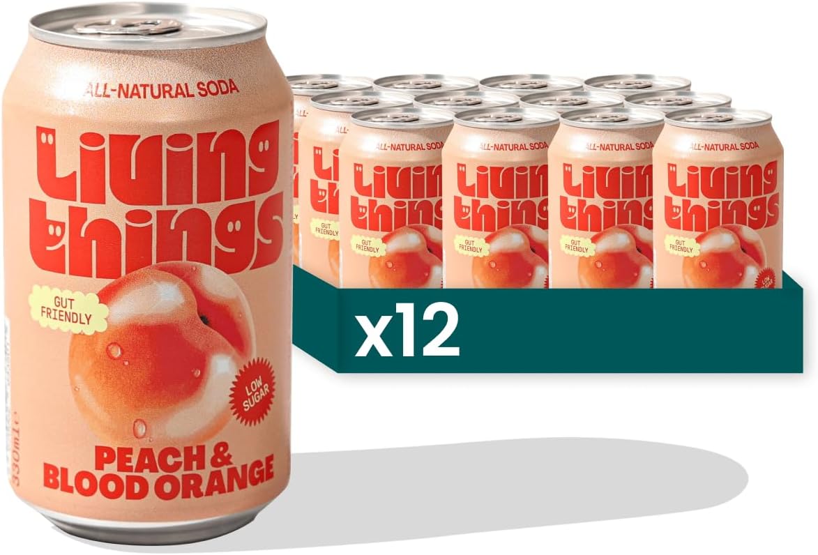 12 x 330ml Living Things Prebiotic Soda Cans | Gut Health Friendly & Low Calorie Drink | High in Fibre | (12 Pack, Peach & Blood Orange)