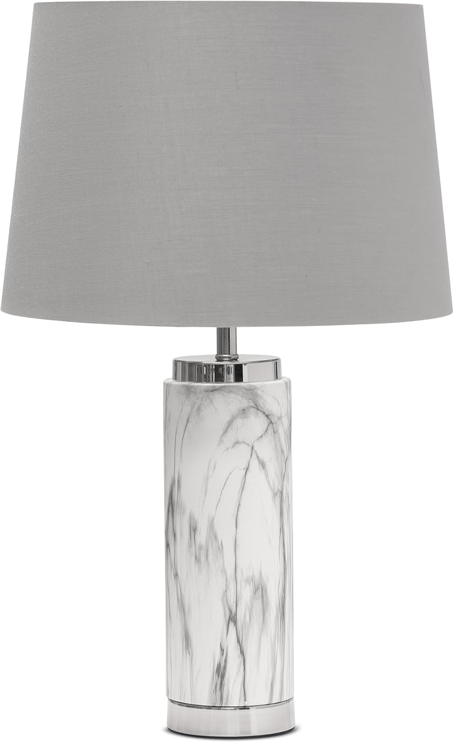 Lighting Supermarket Cylinder Grey Marble Effect Table Lamp with Grey Silver Lined Shade