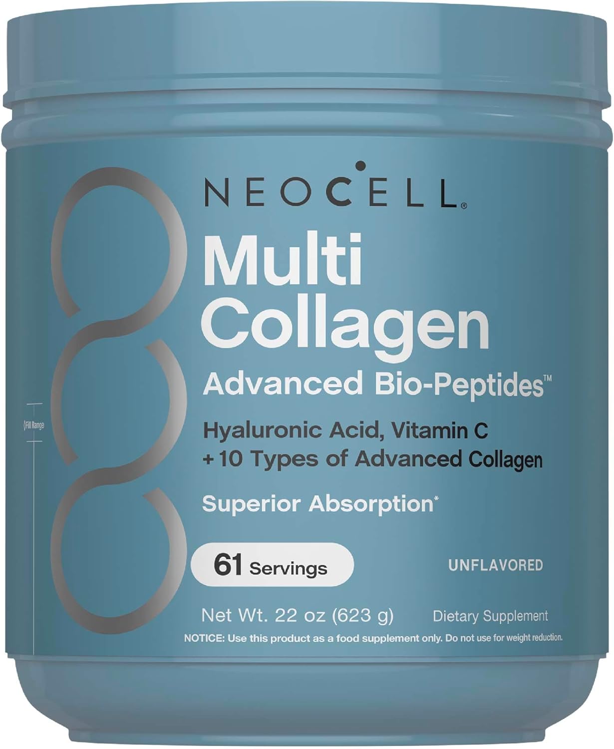 NeoCell Multi Collagen Bio-Peptides Powder | 22oz | Advanced with Hyaluronic Acid and Vitamin C | 10 Super Types of Collagen | Superior Absorption | Grassfed Protein Supplement |