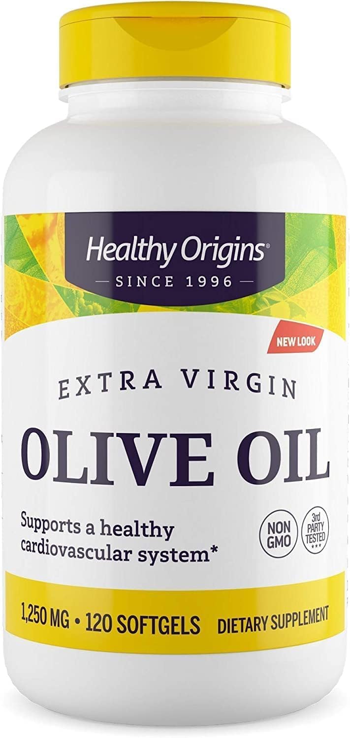 Healthy Origins Extra Virgin Olive Oil 1,250 mg (Made with Organic Extra Virgin Olive Oil, Non-GMO, Gluten Free, Cardiovascular Support), 120 Softgels