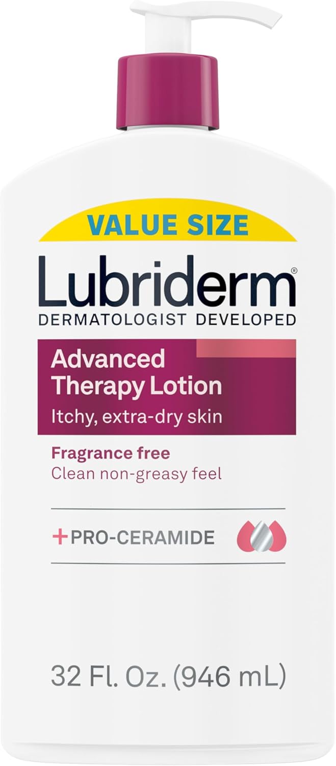 Lubriderm Advanced Therapy Fragrance Free Moisturizing Hand & Body Lotion + Pro-Ceramide with Vitamins E & Pro-Vitamin B5, Intense Hydration for Itchy, Extra Dry Skin, Non-Greasy, 32 fl. oz
