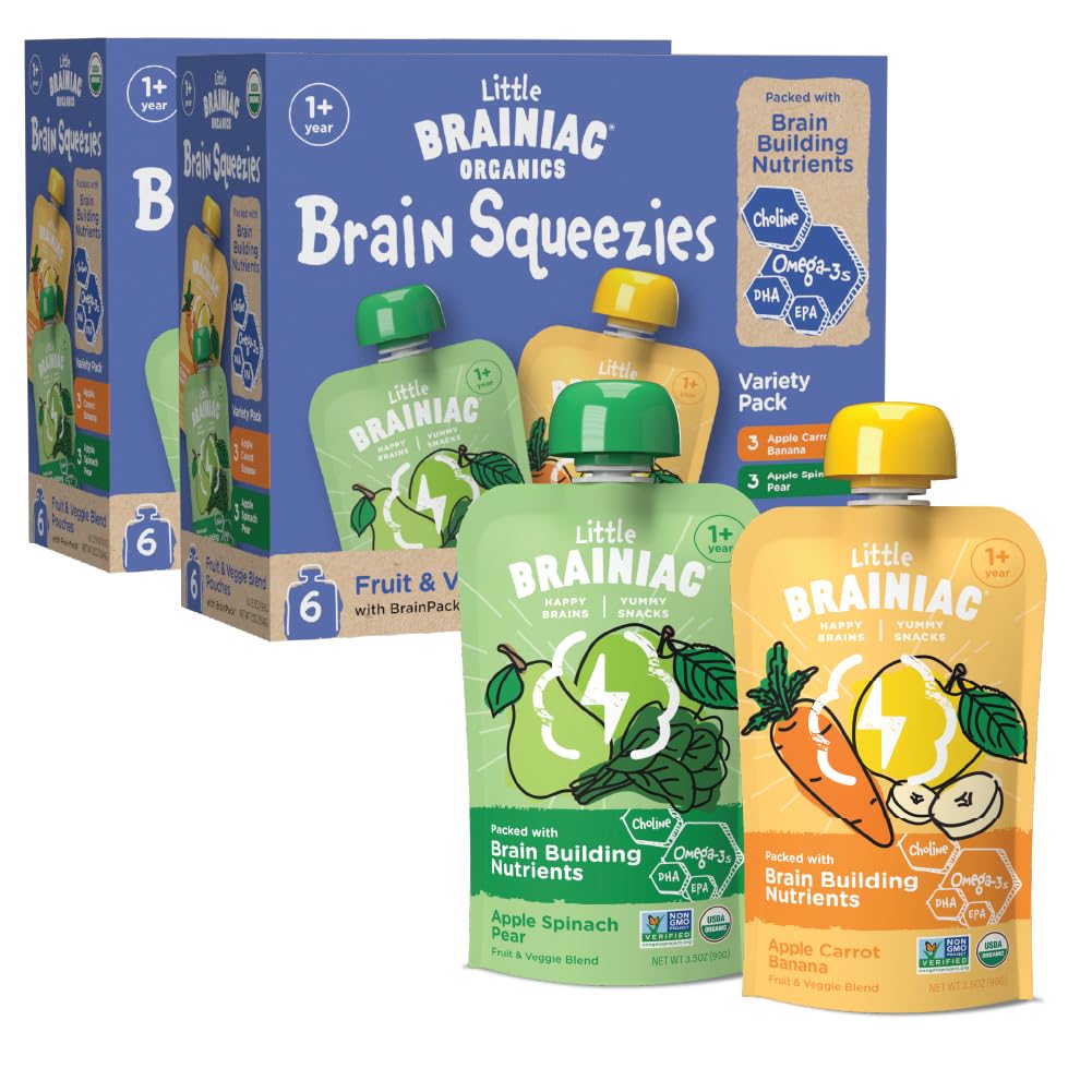 Little Brainiac Variety Pack Organic Fruit & Veggie Snack Brain Boosting Toddler Pouches, Two Flavor Variety Pack, with Omega-3s DHA/EPA and Choline, Clean Label, BPA-Free, Non-GMO, 3.5 oz, Pack of 12