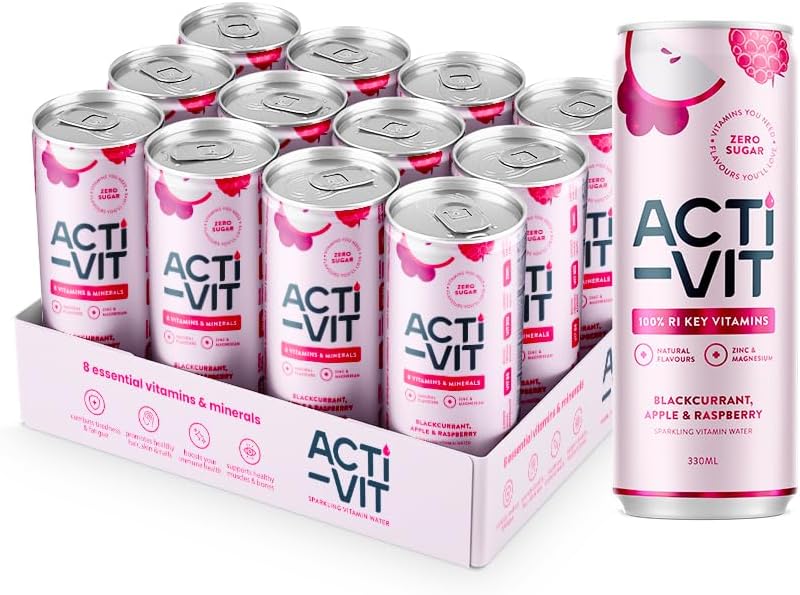 Acti-Vit Sparkling Vitamin Water Cans with B5, B6, B9, B12, C, D, Zinc & Magnesium Zero Sugar 12 x 330ml Blackcurrant Apple & Raspberry Flavour
