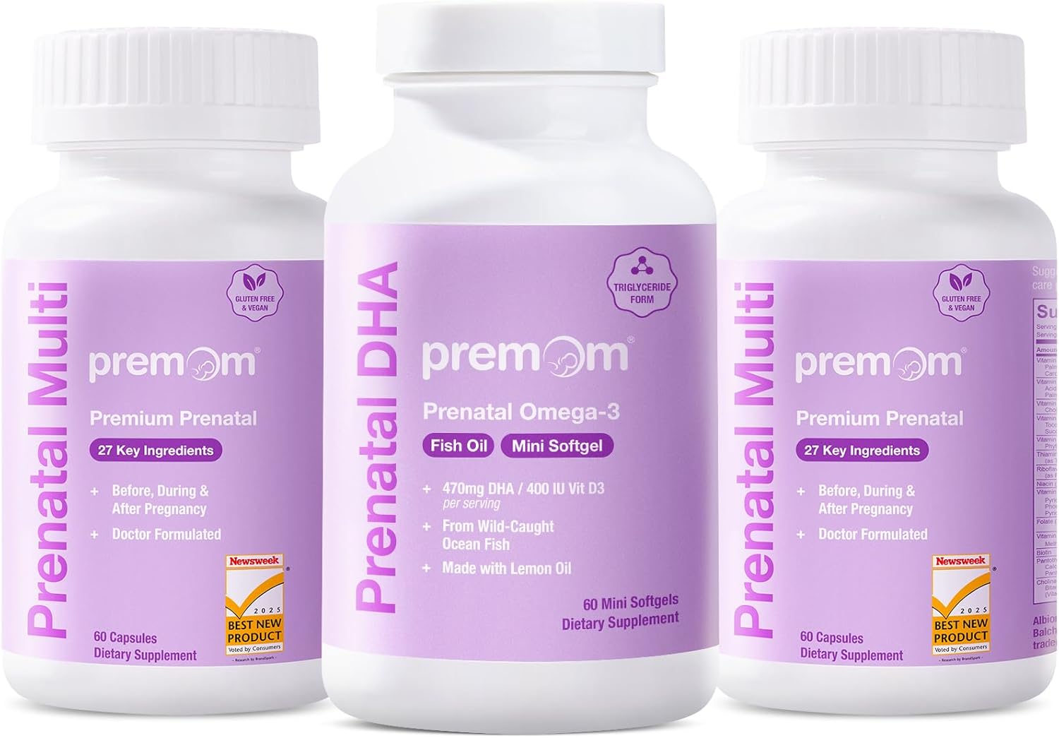 Premom Multivitamin for Women - Prenatal Formula Vitamin Supplements 2 Bottles Prenatal DHA Fish Oil 1 Bottles