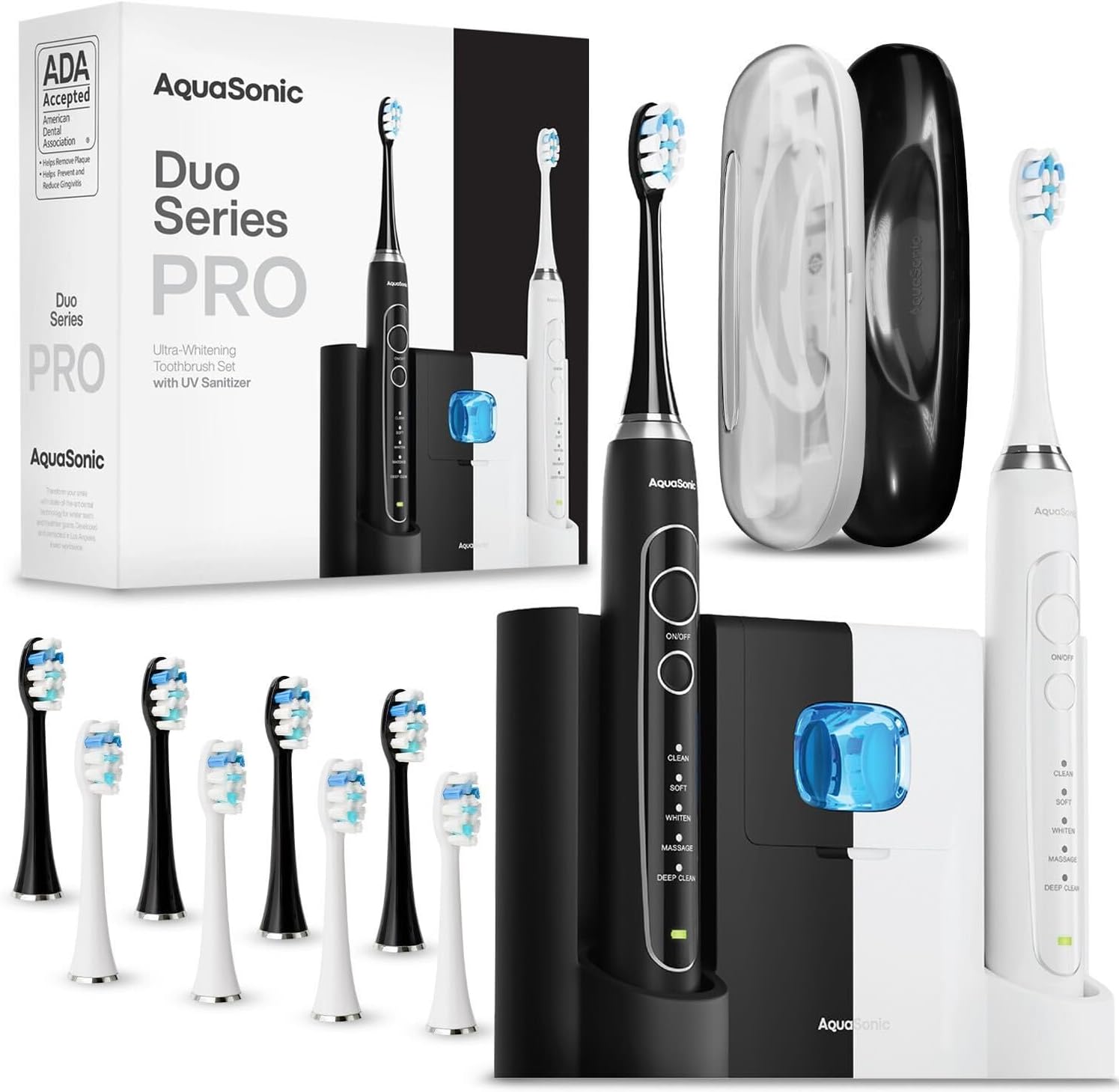 Aquasonic Duo PRO Ultra Whitening 40,000 VPM Electric Smart ToothBrushes ADA Accepted - 4 Modes with Smart Timers - UV Sanitizing & Wireless Charging Base - 10 Proflex Brush Heads & 2 Travel Cases