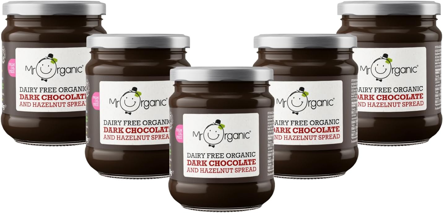 Mr Organic - Organic Dark Chocolate & Hazelnut Spread 200g - (Pack of 6) - Non GMO & Preservative Free - Gluten Free & Vegan - Made with Low Fat Cocoa Powder and Hazelnut Paste