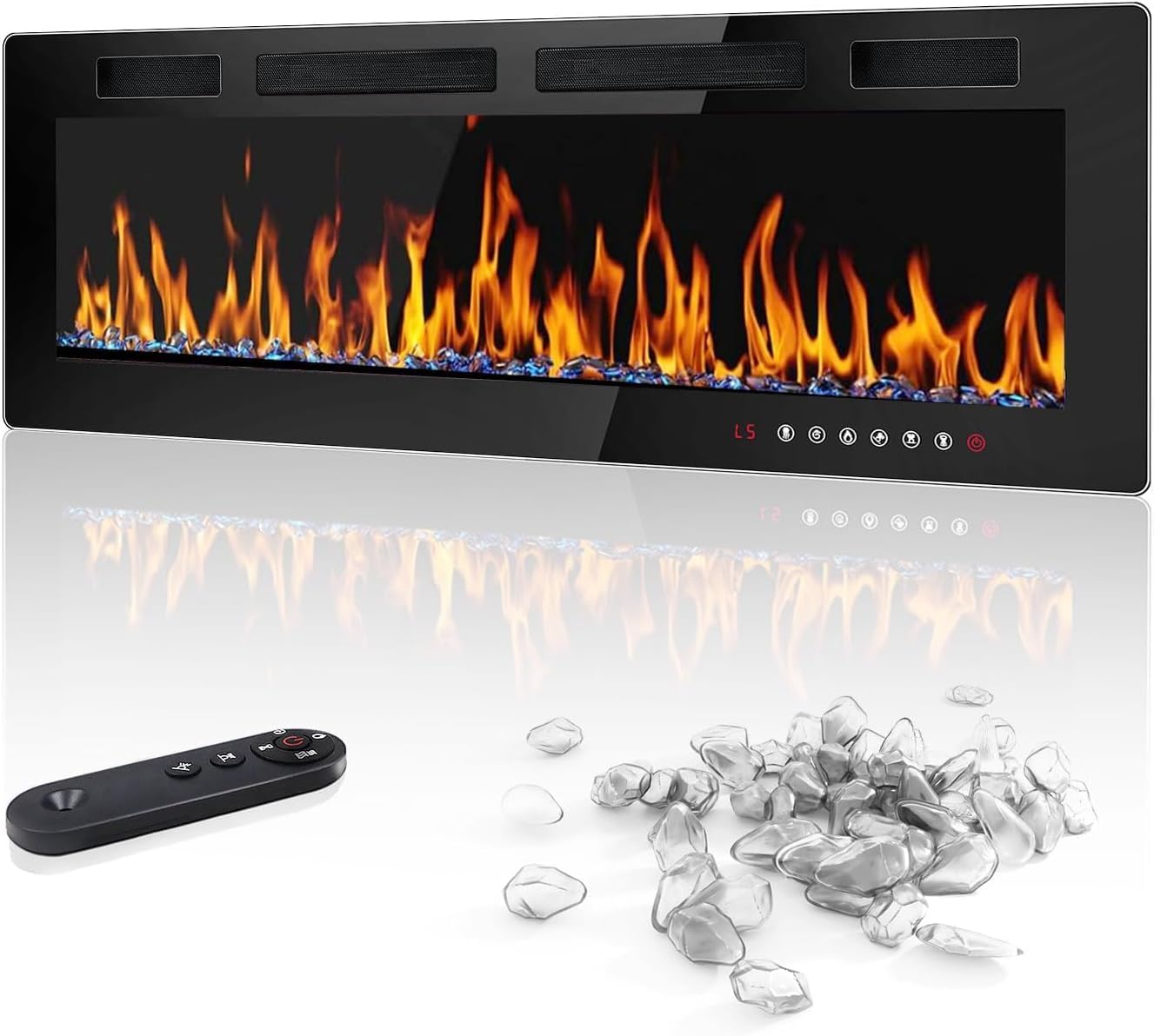 50 inch Electric Fireplace Recessed and Wall Mounted,750/1500W Heater and Linear Fireplace with Touch Screen Control Panel, Timer,Remote Control,Adjustable Flame Color and Speed