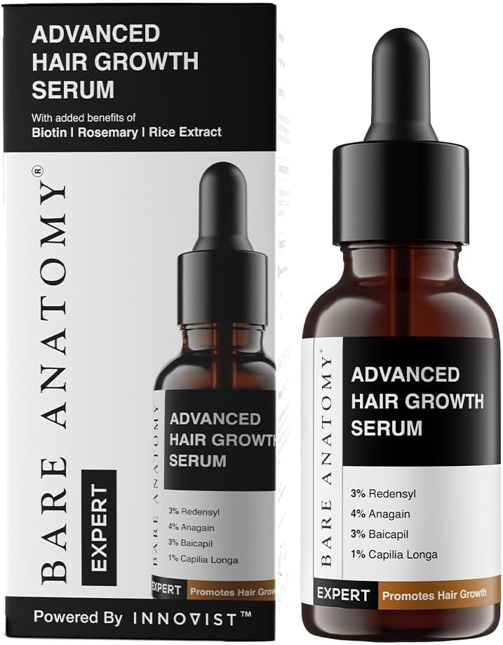 Bare Anatomy Advanced Hair Growth Serum| 3% Redensyl - 2x Better Results than Minoxidil | + 4% Anagain + 3% Baicapil | Rosemary, Biotin | Hair growth & Hair fall control serum for Women & Men | 30mL
