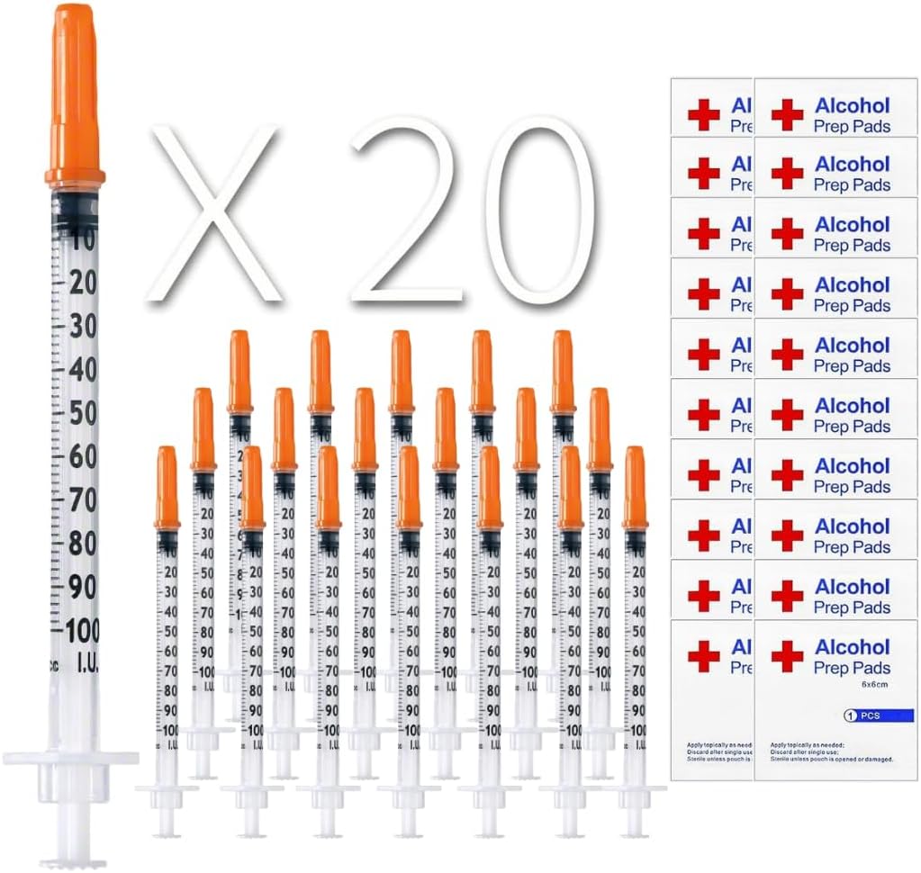 U-100 Syringes - 1ml/cc 27G 1/2" (12,7mm) Disposable Syringes + Free Alcohol Prep Pads, Individually Wrapped,20 PACK (20 units + 20 pads)