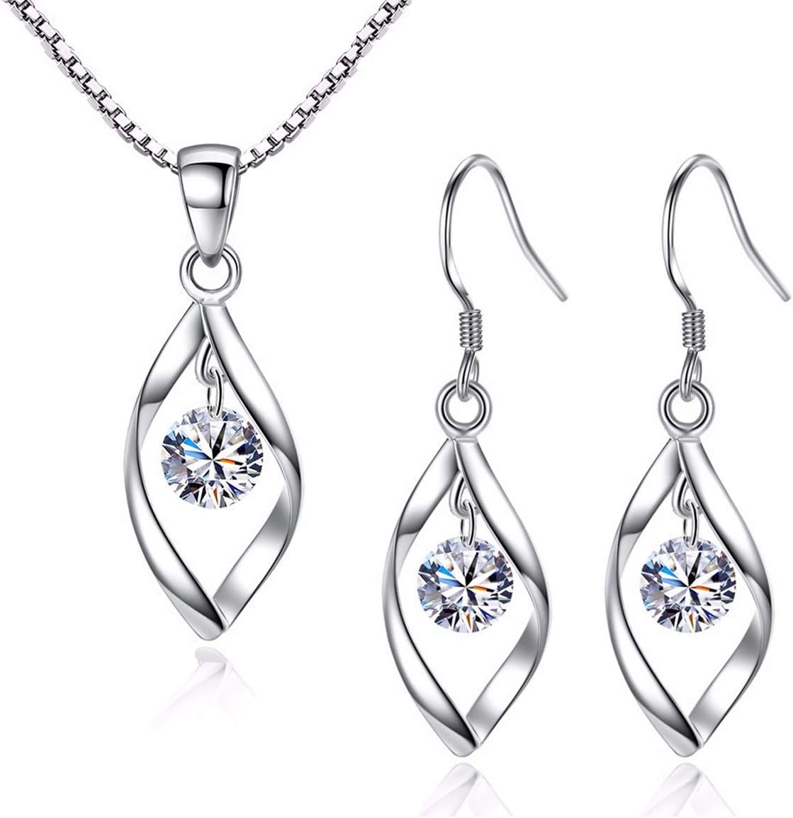 Silver Jewellery Set for Women, 925 Sterling Silver Women's Jewellery Sets with White/Blue/Pink Zirconia, Hypoallergenic Twist Pendant Necklace & Hook Dangle Earrings Set Gift with Gift box