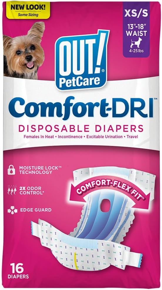 OUT! Pet Care Disposable Female Dog Diapers | Absorbent with Leak Proof Fit | XS/S - 16 Pack