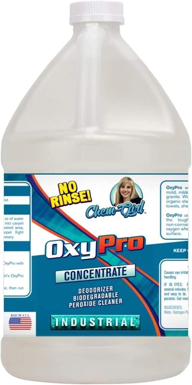 Chem-Girl OxyPro Concentrated Multi-Purpose Surface Cleaner to the Rescue - Chlorine-Free, Oxygen-Powered Stain & Odor Remover, 5 Percent Hydrogen Peroxide (H2O2), 1 Gallon