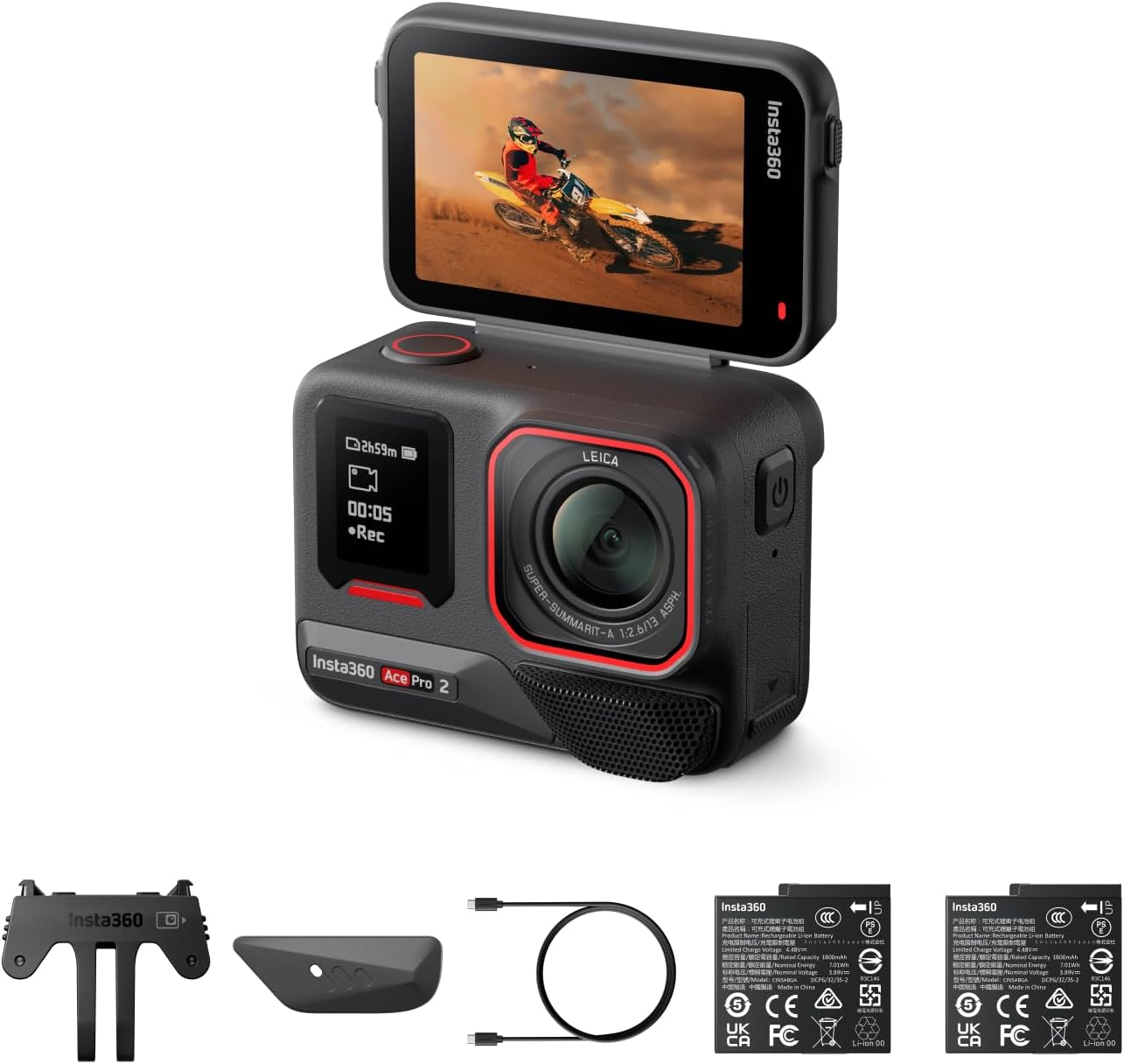 Insta360 Ace Pro 2 Dual Battery Bundle - 8K Waterproof Action Camera Co-Designed with Leica, 1/1.3" Sensor, Dual AI Chip, Low Light Quality, Advanced Audio, Flip Screen, AI Edition, Motorcycle
