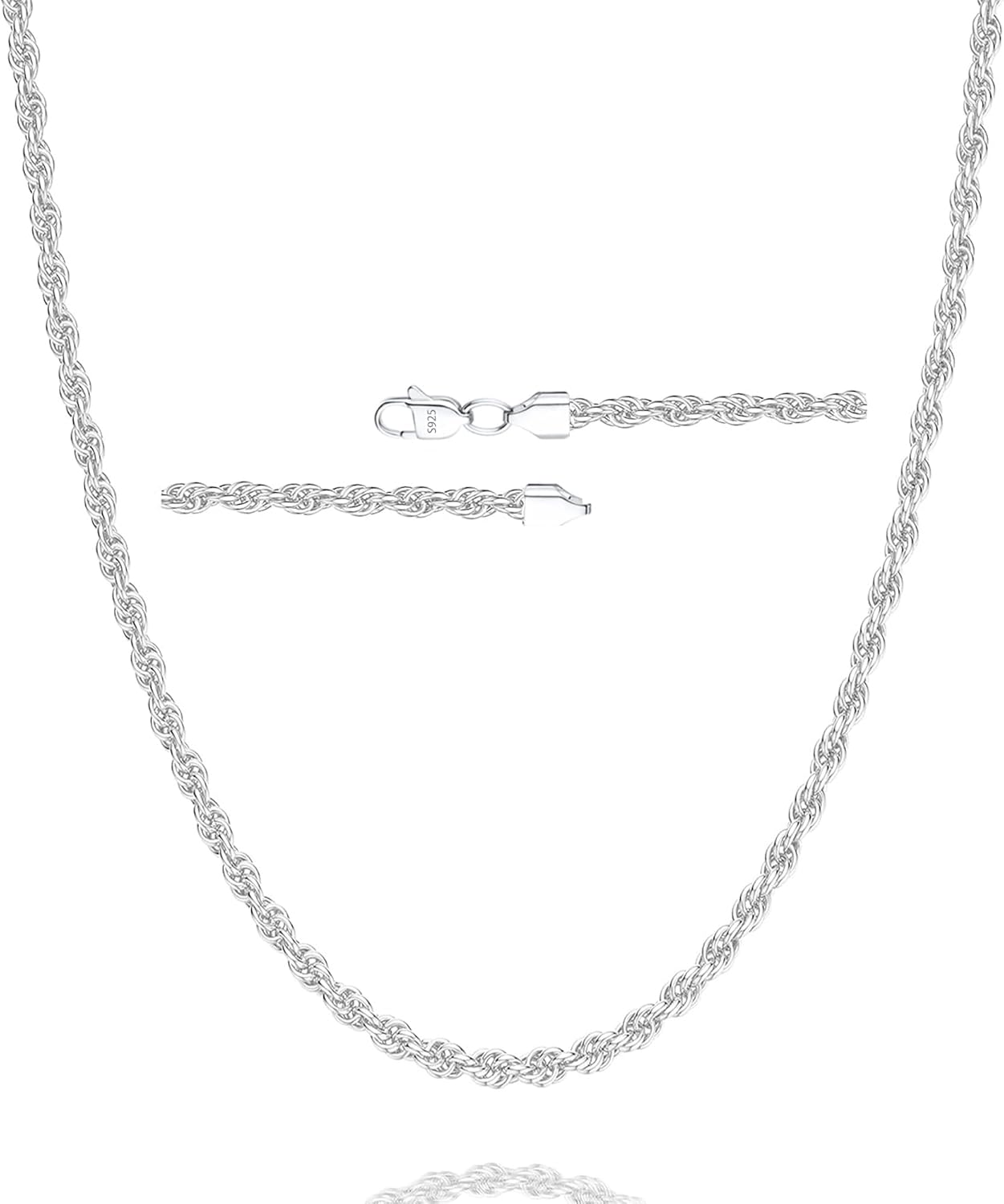 Esrael 925 Sterling Silver Solid 2.5mm 3mm Rope Chain Necklace for Men, Sturdy Non-Fading Mens Silver Chain Jewellery Gifts for Men 16/18/20/22/24 Inch