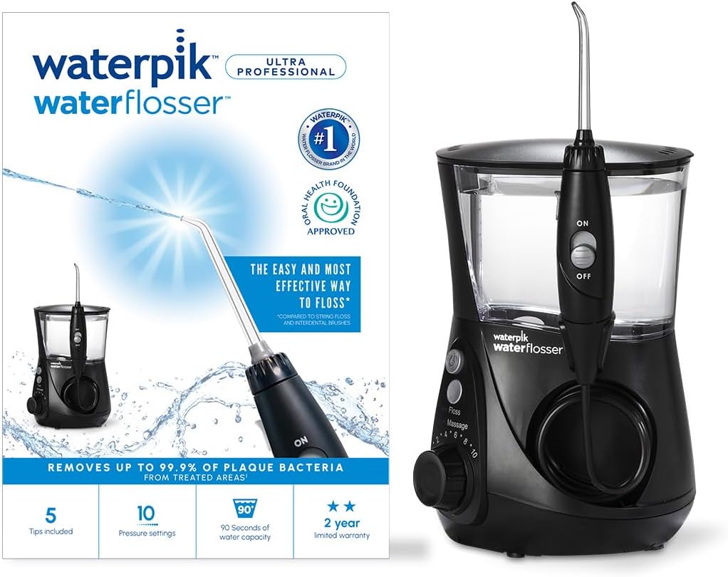 Waterpik Ultra Professional Water Flosser, 5 Tips, Advanced Pressure Control System, 10 Settings, Dental Plaque Removal Tool, Black, WP-662UK, 2pin UK Bathroom Plug