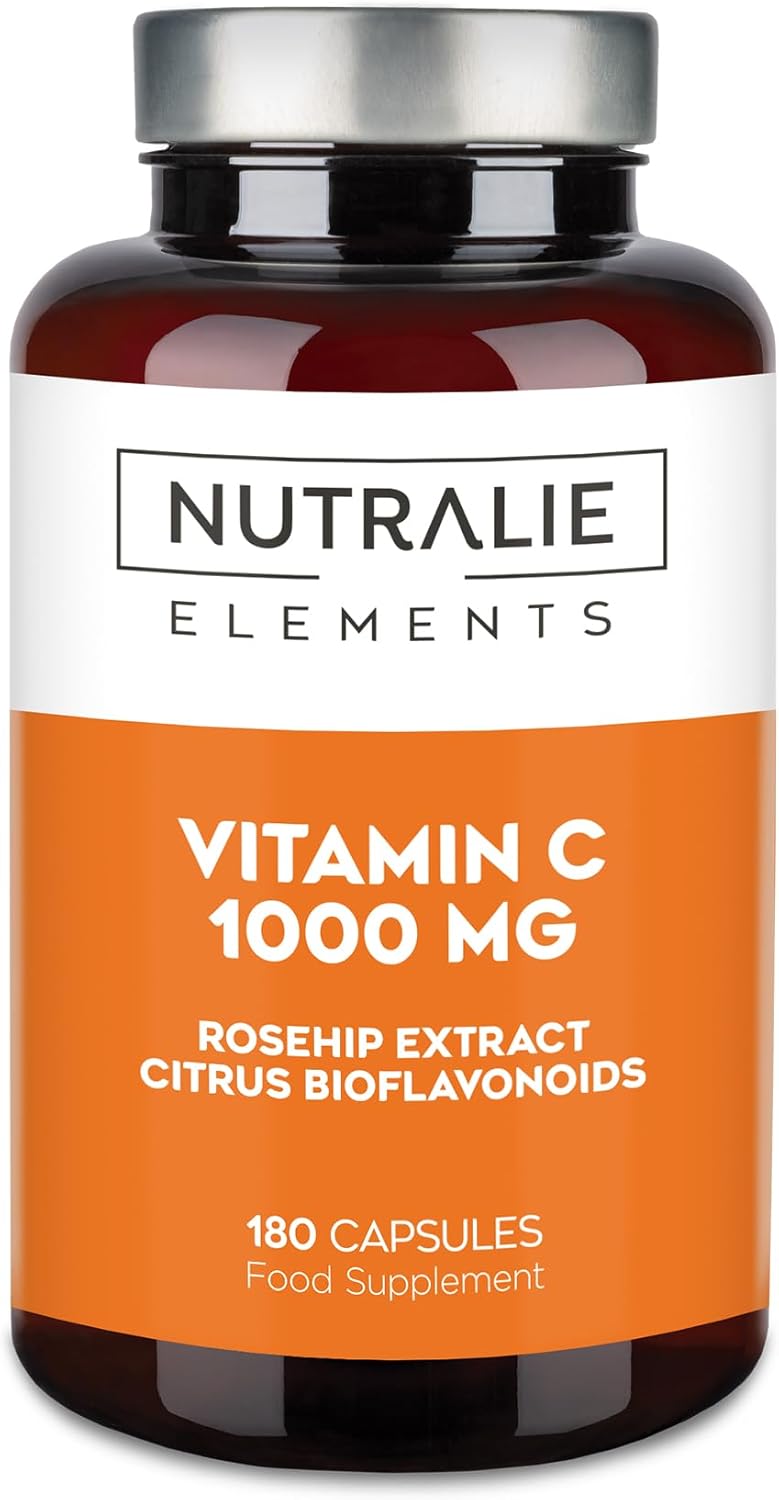 Vitamin C 1000mg High Strenght - Immune System + Antioxydant - Rosehip + Bioflavonoids - Without Additives Pure Vitamin C - 180 Vegan Capsules Nutralie