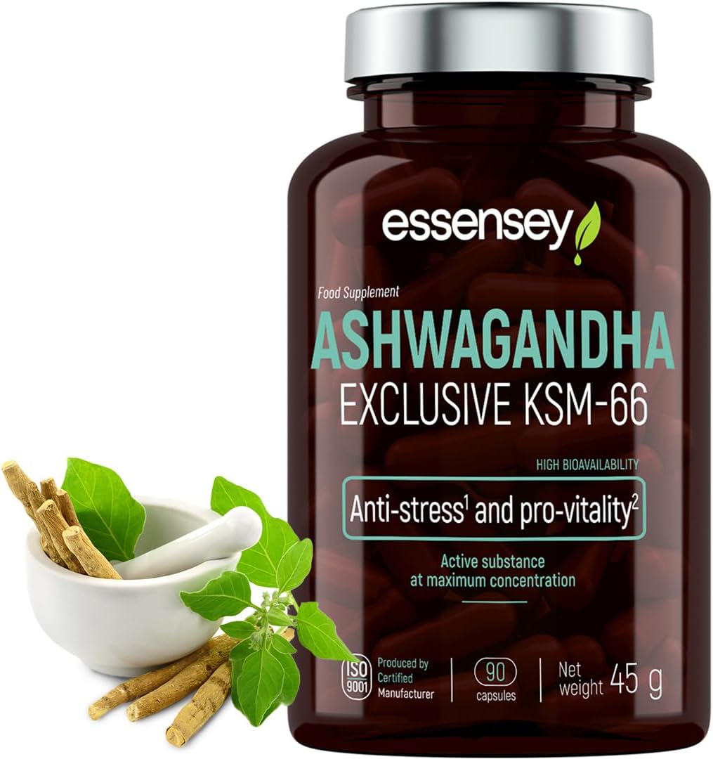 Essensey Ashwagandha Exclusive KSM-66 - Premium Stress Management and Vitality Boost Supplements, 90 Vegetarian Capsules for Optimal Relaxation, Energy, and Well-Being