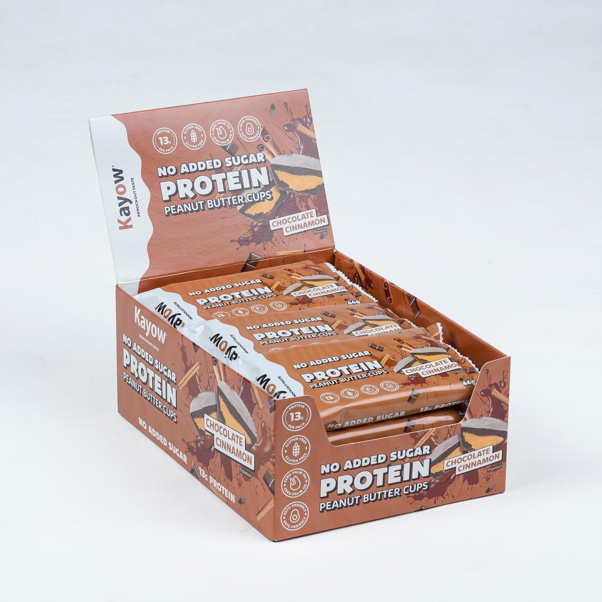 KAYOW No Added Sugar Milk Chocolate Cinnamon Peanut Butter Cups 12 x Packs of 2 x 22g High Protein Cups | 13g Protein Per Pack | No Added Sugar | Gluten Free Low Carb Keto Snacks
