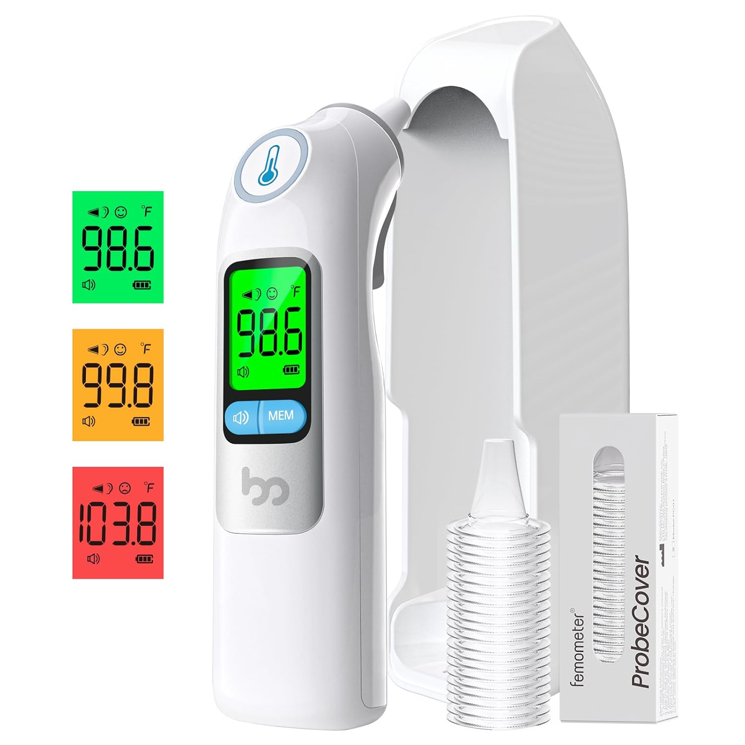 femometer Infrared Ear Thermometer for Adults & Kids, Highly Accurate, 1s Result, 30 Memory Recall, 3-Color Fever Alarm, with 21 Disposable Probe Covers & Storage Case