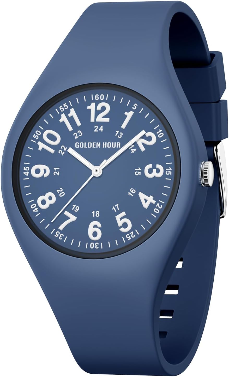 GOLDEN HOUR Waterproof Sports Analog Unisex Watches for Nurse Medical Professionals, Students - Military Time Glowing Easy to Read Dial, Jelly Silicone Strap