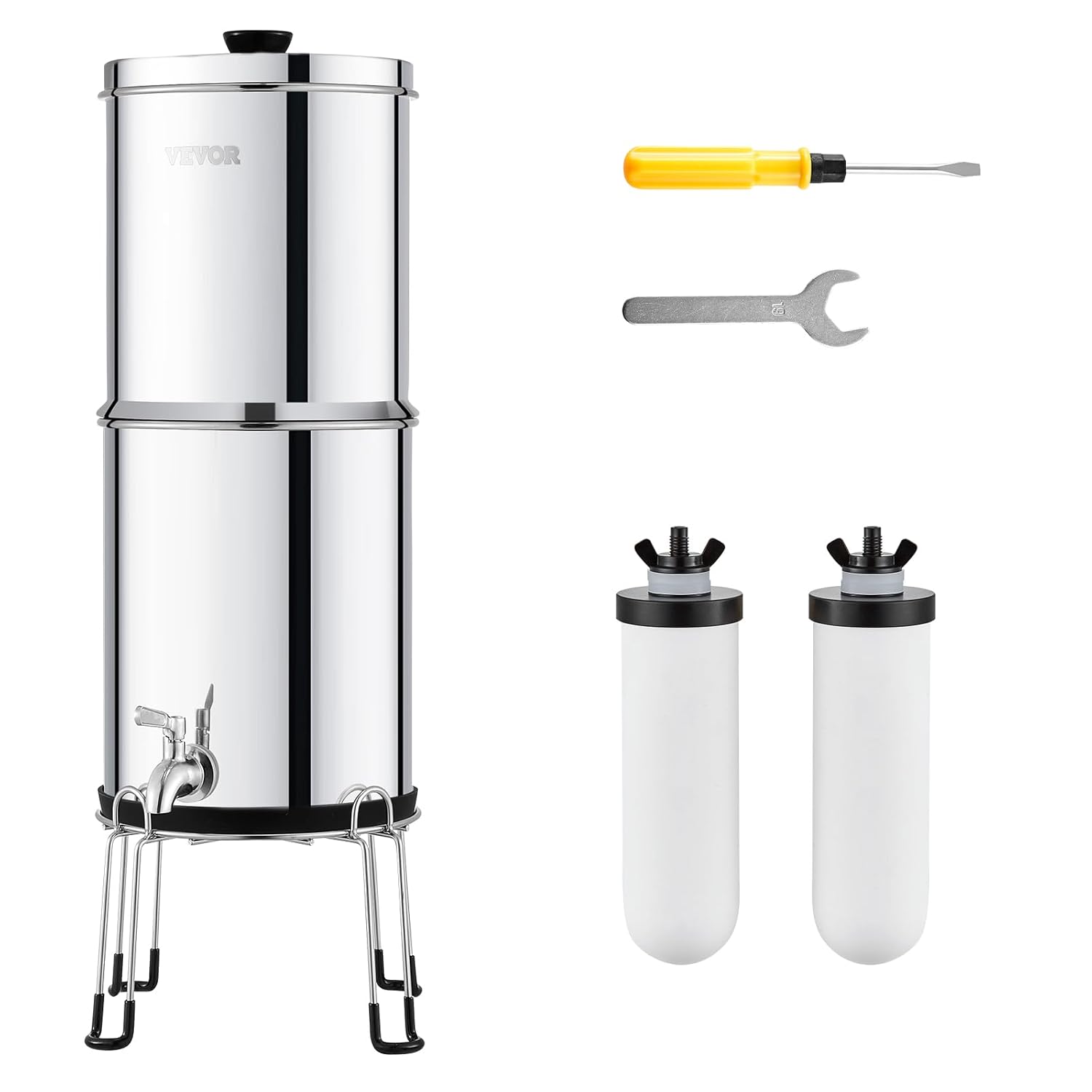VEVOR Gravity-fed Water Filter System, 2.25G 304 Stainless-Steel Countertop Water Filtration System, Reduces Lead and up to 99% of Chlorine, with 2 Ceramic Carbon Filters, Spigot, and Stand