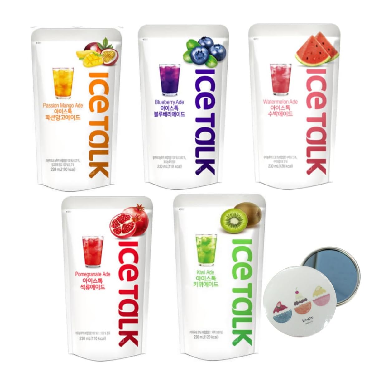 Korean Covenienve Store Drink Pouch Sampler Set - 5 PACK 10 PACK (watermelon, blueberry, passion mango, kiwi, pommegranate) + dalgaru mirror (ADE 5 PACK (TYPE B))