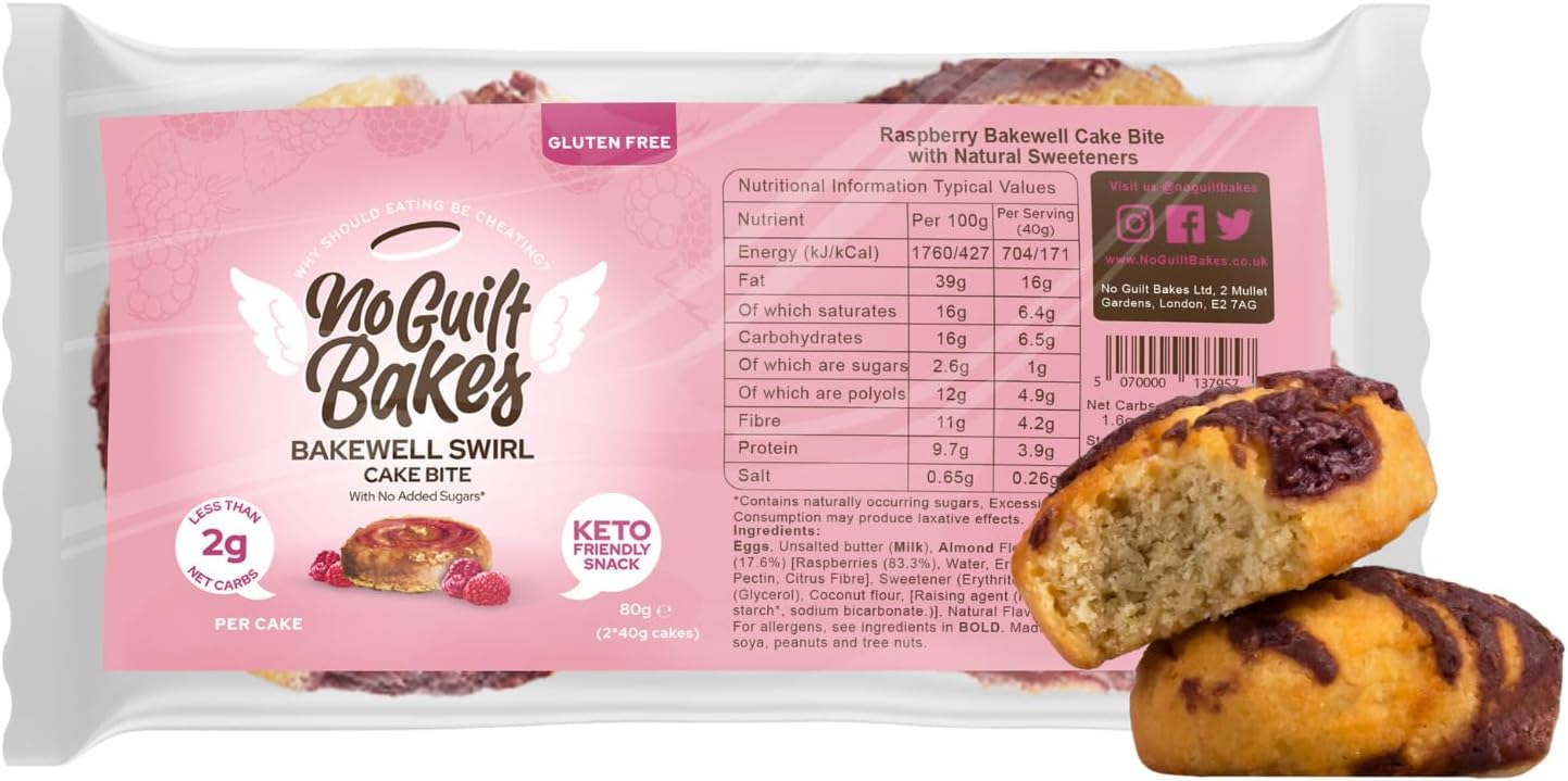 No Guilt Bakes Keto Cake Bites (Raspberry Bakewell Swirl, 10 Cakes) - Gluten Free & No Sugar Added, Healthy Diabetic, Dessert, Keto Diet Snack - Packaging May Vary