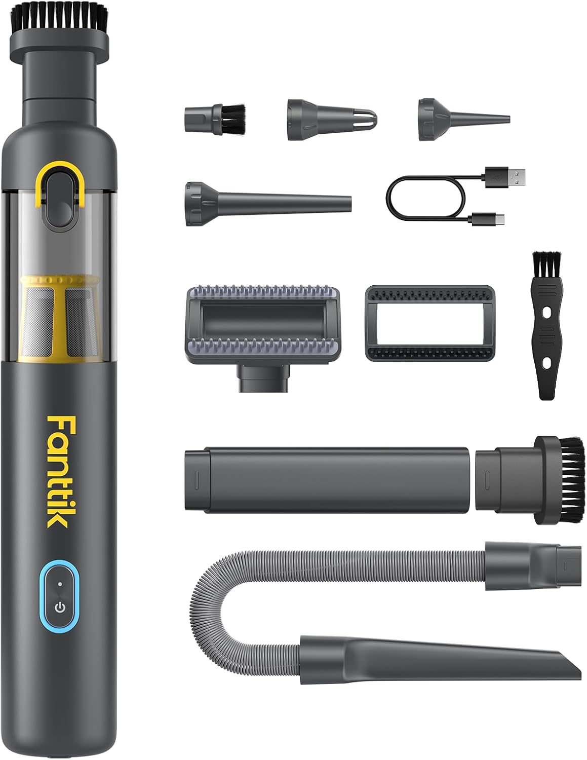 Fanttik Slim V8 APEX Cordless Car Vacuum & Air Duster, 4-in-1 Portable Mini Vacuum with 19000pa Suction Power for Pet Hair, Type-C Charge, One-Touch Empty for Car, Office Desk, Keyboards (Gray)