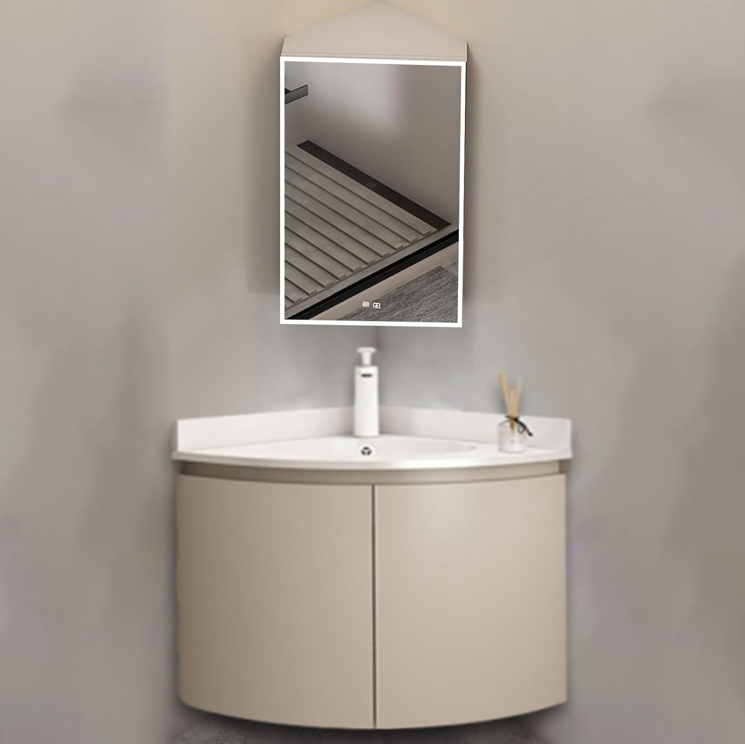 Corner Single Bowl Unit Wall Mounted Utility Sink ，Modern Small Single Bathroom Curve Cabinet Set, with Light Mirror Vanity and Sink Set，with Cabinet for Storage(18in/45cm)
