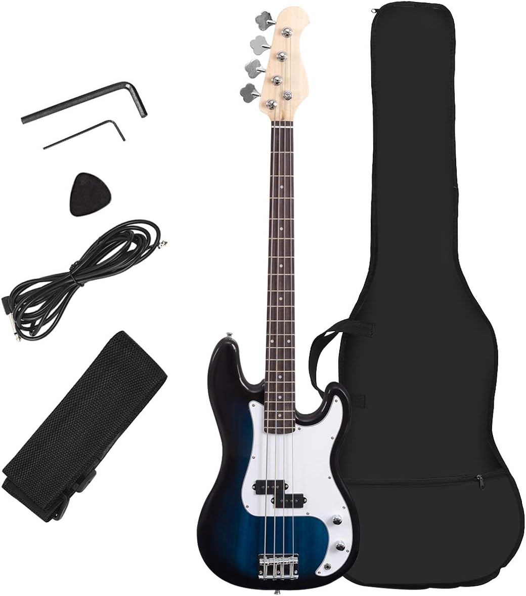 Costzon Full Size Electric 4 String Bass Guitar for Beginner Starter Complete Kit, Rose Fingerboard and Bridge, w/Two Pickups & Two Tone Control, Guitar Bag, Strap, Guitar Pick, Amp Cord (Blue Bass)
