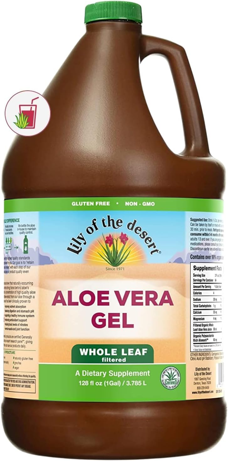 Lily Of The Desert Aloe Vera Gel - Whole Leaf Filtered Thicker Consistency Aloe Vera Drink with Natural Vitamins, Digestive Enzymes for Gut Health, Wellness, Glowing Skin, 128 Fl Oz
