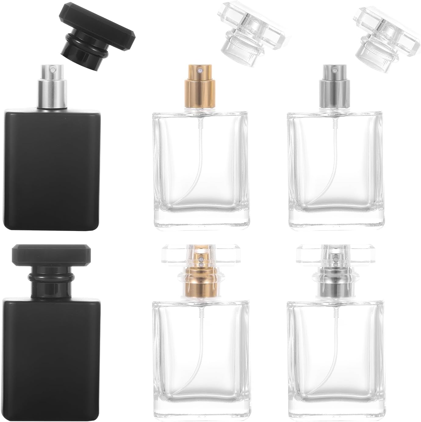 50ml/1.7oz Thick Square Flint Glass Refillable Perfume Bottle, Square Portable Cologne Atomizer Empty Bottle with Spray Applicator For Travel 6 Pack