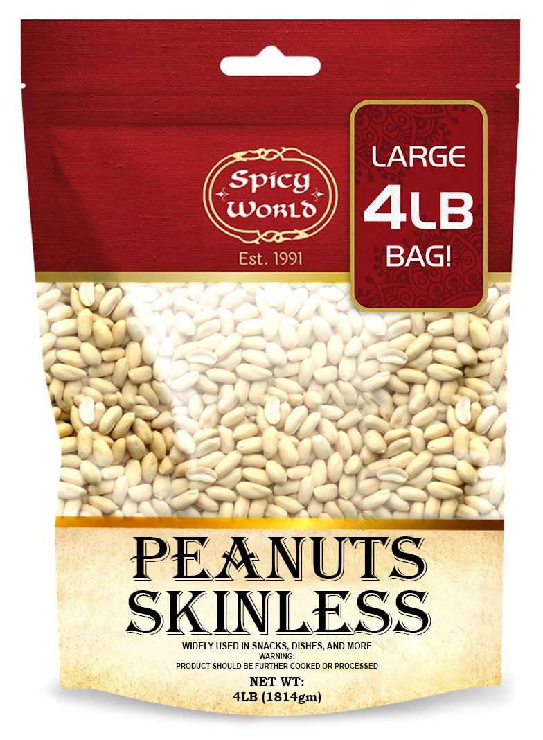Spicy World Skinless Peanuts, Blanched Raw Peanuts (Uncooked, Unsalted) 4 Pound (64oz) ~ All Natural USA Grown