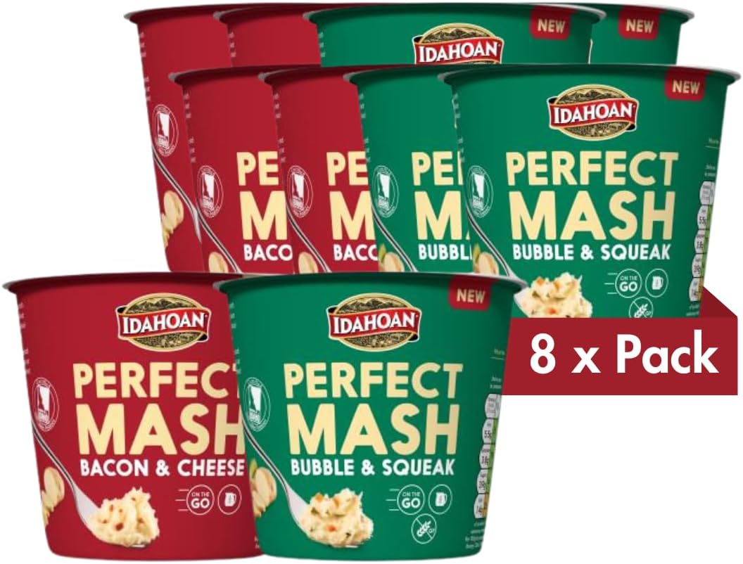 Idahoan Instant Mash Potato Pots Bundle Pack of 8 x 55g - Bubble and Squeek Bacon and Cheese Potato Pots Ready to Eat Mashed Potato