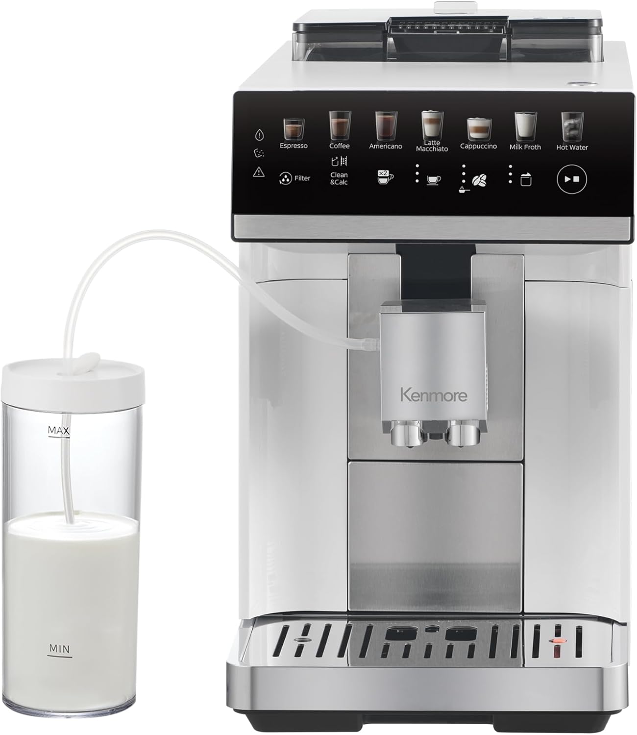 Koolatron Kenmore Espresso Machine – All-In-One Fully Automatic Coffee Maker With Auto Tamper, Descaler, Milk Steamer & Frother, Bean Grinder, Professional Barista Style Cappuccino, Cafe Latte, White