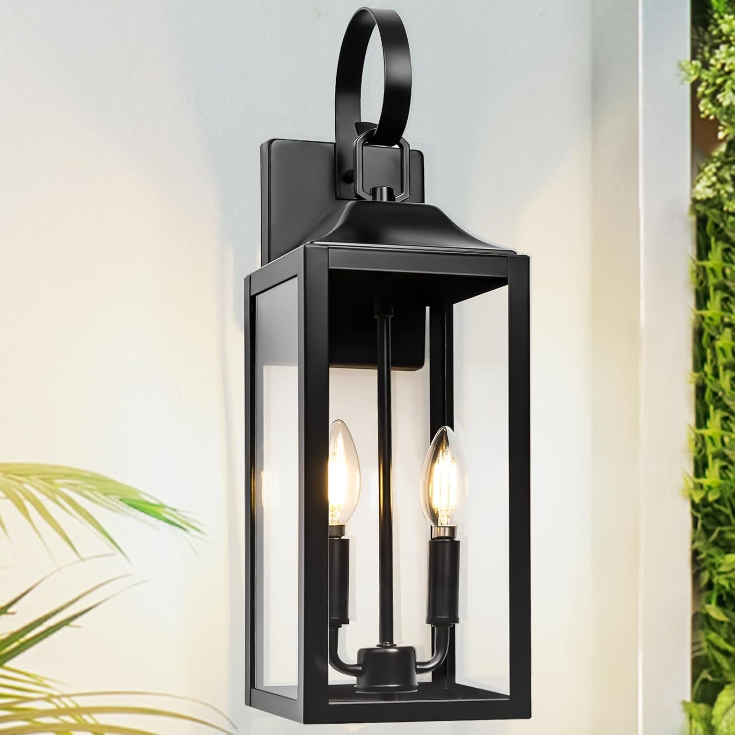 19" Black Outdoor Wall Lantern 2-Light, Large Outside Modern Porch Sconce Light Fixture, Industrial Porch Light Wall Mount with Glass, Waterproof Farmhouse Exterior Lamp Lighting （1 Pack）