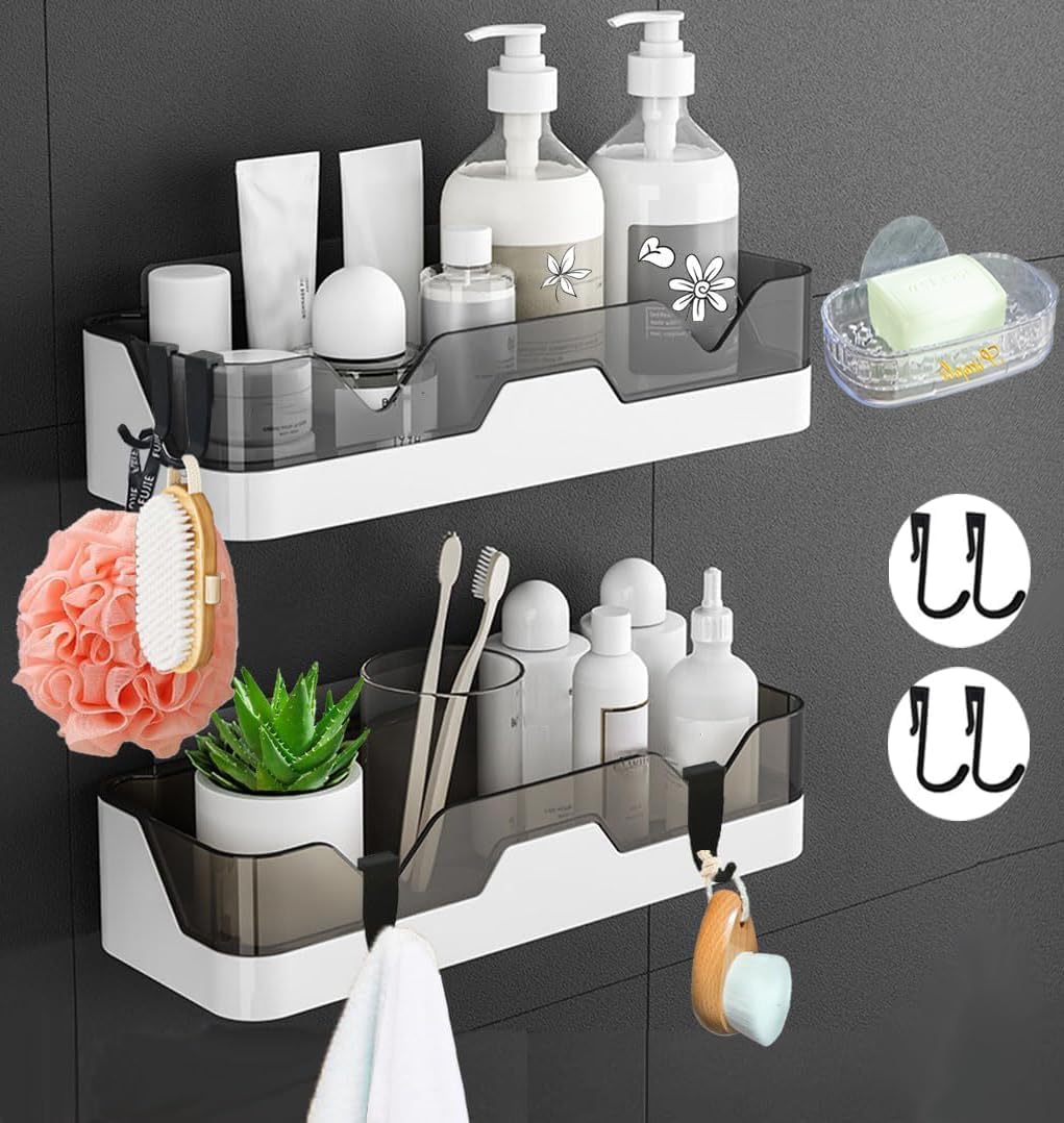 EigPluy Set of 2 Bathroom Shelves, No Drilling Bathroom Shelves, Shower Shelf, Plastic Shower Baskets, Wall Mounted, for Kitchen and Bathroom