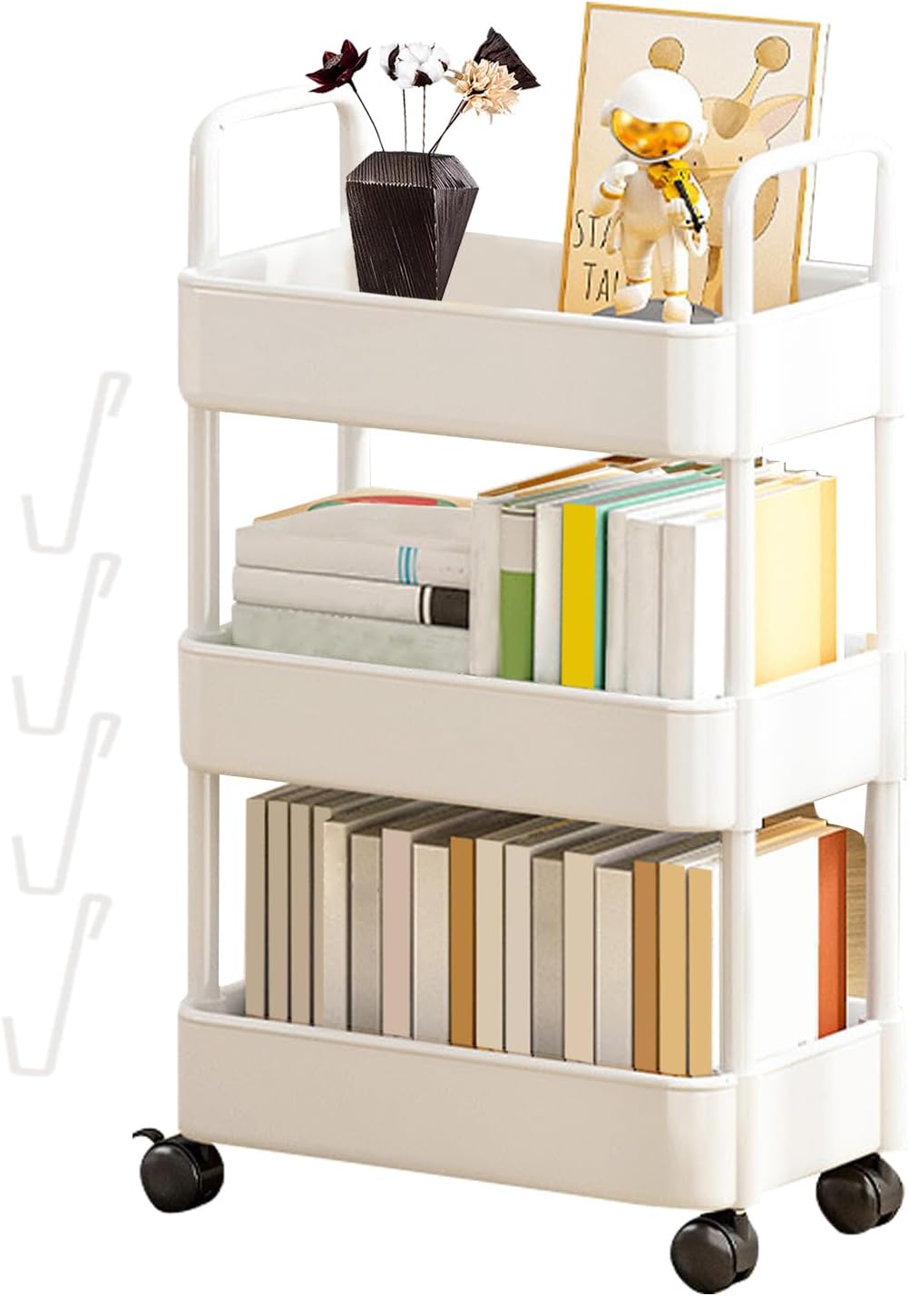 Mobile Bookshelf with Wheels - Mobile Bookshelf Cart - 3/4 Tier Rotatable Rolling Utility Cart - Rolling Cart Storage for Offices Home